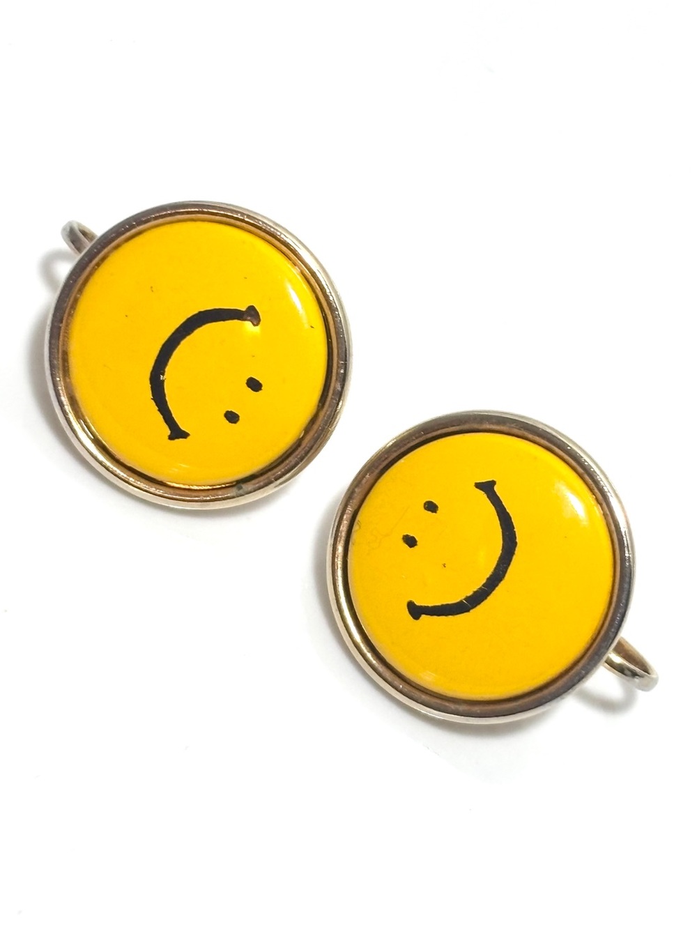 Vintage Yellow Smiley Face Stud Earrings Enamel Gold Tone 1970s-80s Classic